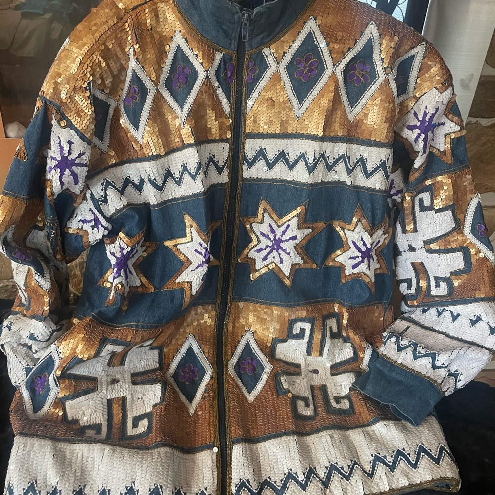 Vintage Modi Embroidered Denim, Sequin Bomber Jacket - Gold and Blue